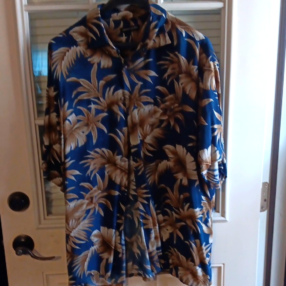 Pierre Cardin Blue and Brown Hawaiian Shirt